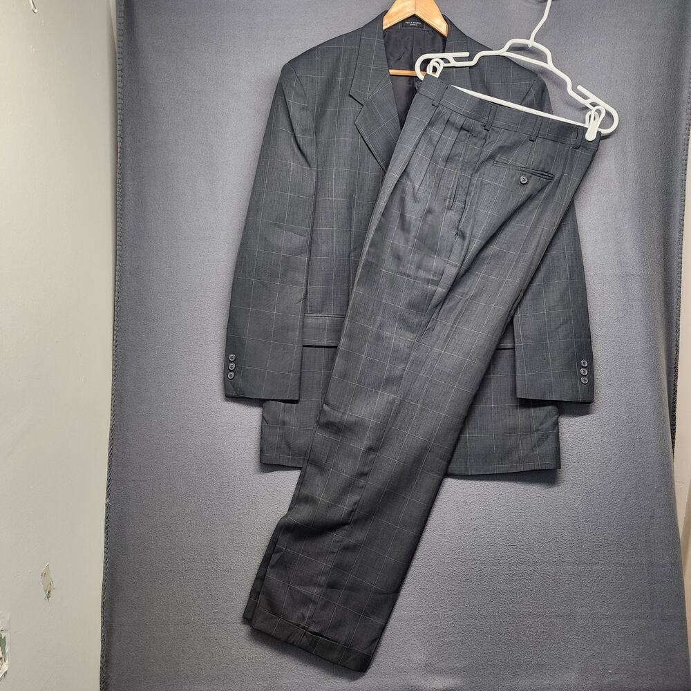 Mens Gray Suit 42L 33W Windowpane Plaid Jacket Pants Pleated Cuff Gianni Vironi